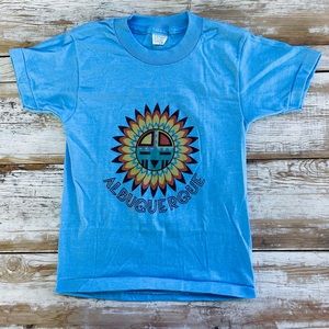 Vintage 70s kids tshirt sun totem, blue and yellow, New Mexico, sunshine tee